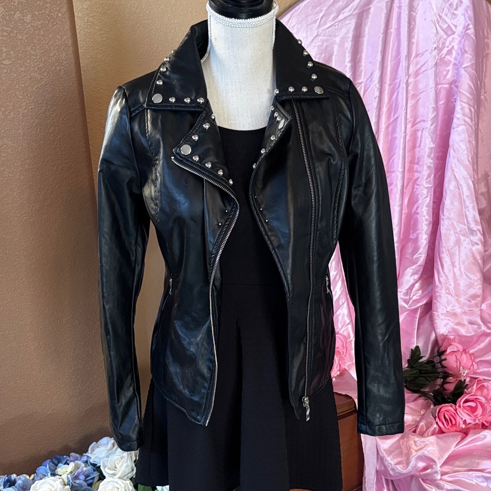 Tiger embroidered studded faux leather moto jacket
